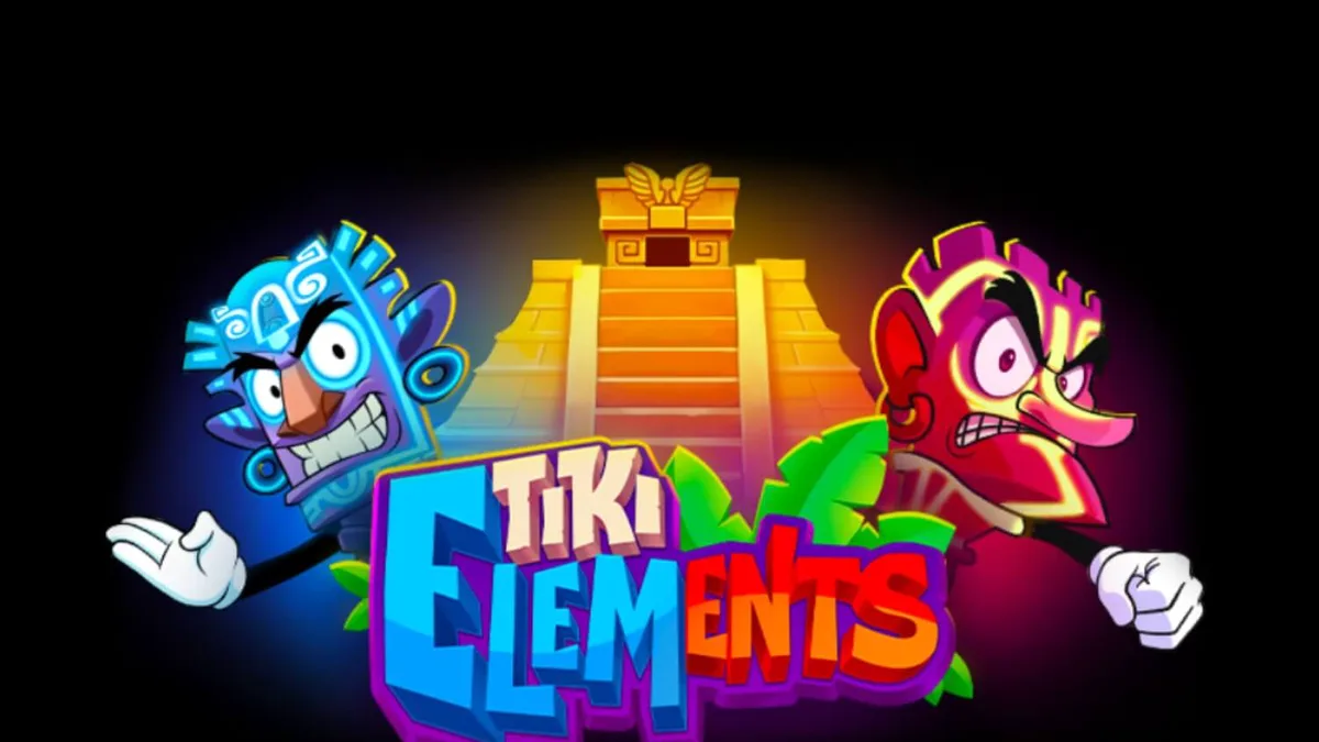 Visual estetik slot Tiki Elements dengan latar belakang pulau tropis dan simbol topeng Tiki yang berwarna-warni.