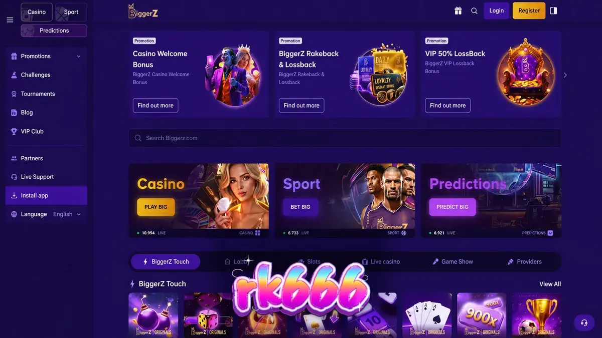 Antarmuka platform taruhan BiggerZ yang menampilkan berbagai opsi permainan kasino dan taruhan olahraga.